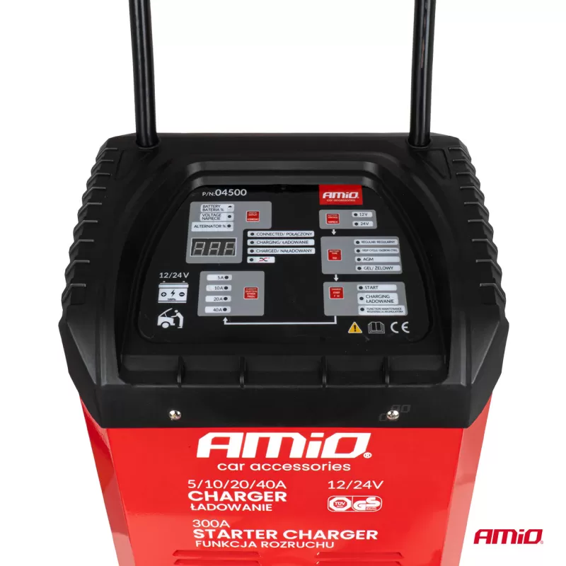 Akumuliatoriaus įkroviklis su paleidimo įrenginiu maks. 40A, 12V, 24V, paleidimo srovė 300A, AMIO-04500