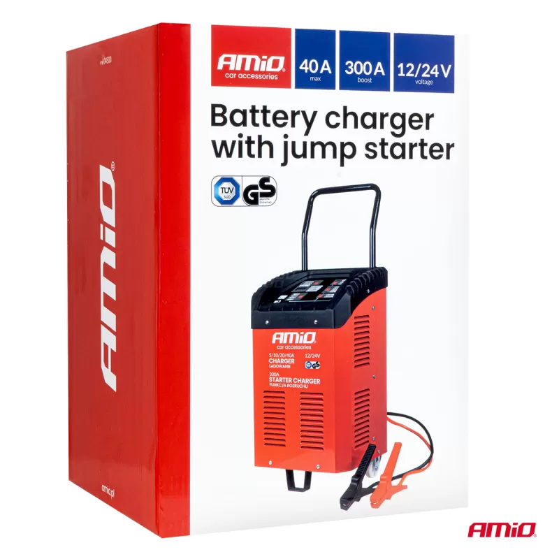 Akumuliatoriaus įkroviklis su paleidimo įrenginiu maks. 40A, 12V, 24V, paleidimo srovė 300A, AMIO-04500