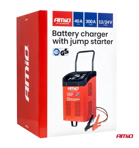 Akumuliatoriaus įkroviklis su paleidimo įrenginiu maks. 40A, 12V, 24V, paleidimo srovė 300A, AMIO-04500