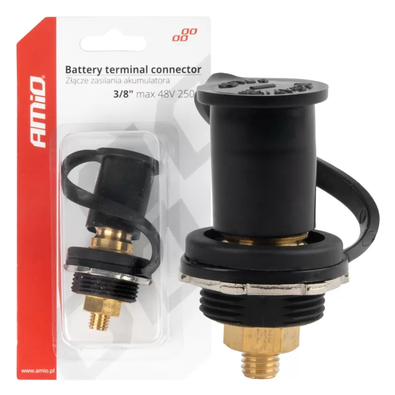 Akumuliatoriaus maitinimo jungtis, juoda minus, su dangteliu 3/8 M10 12V 24V 48V 250A AMIO-03813