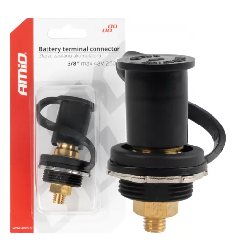 Akumuliatoriaus maitinimo jungtis, juoda minus, su dangteliu 3/8 M10 12V 24V 48V 250A AMIO-03813
