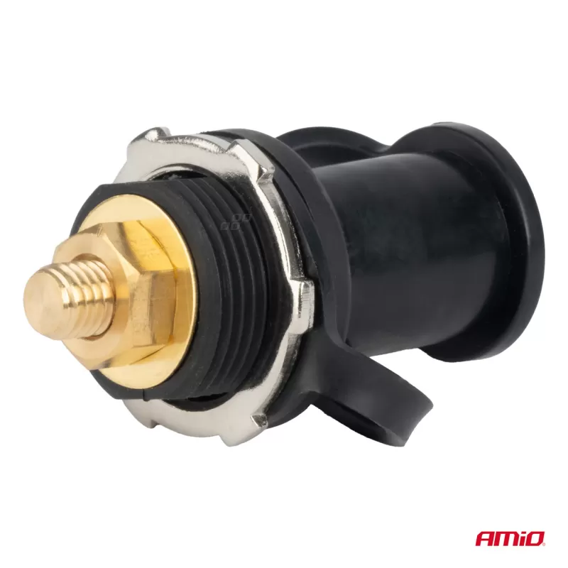 Akumuliatoriaus maitinimo jungtis, juoda minus, su dangteliu 3/8 M10 12V 24V 48V 250A AMIO-03813