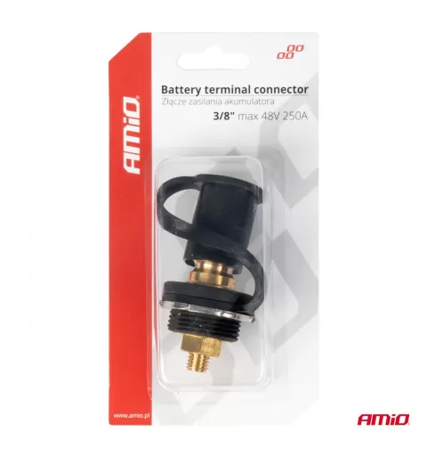 Akumuliatoriaus maitinimo jungtis, juoda minus, su dangteliu 3/8 M10 12V 24V 48V 250A AMIO-03813