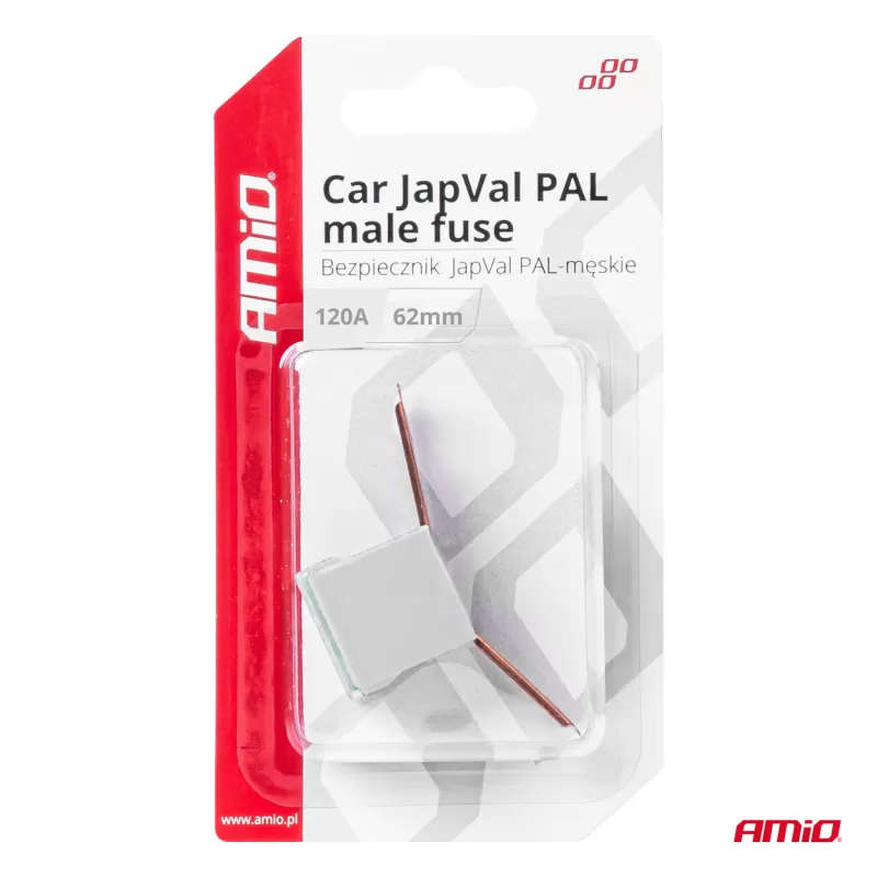 Automobilio JapVal PAL vyriško tipo saugikliai 62mm 120A AMIO-03434