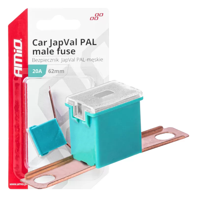 Automobilio JapVal PAL vyriško tipo saugikliai 62mm 20A AMIO-03426