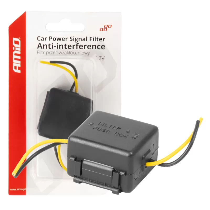 Automobilio maitinimo signalo filtras, trukdžių slopinimo, su stiklo saugikliu, 12V AMIO-04099
