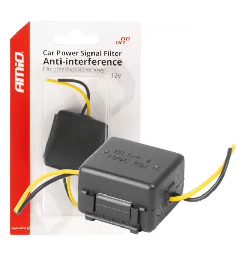 Automobilio maitinimo signalo filtras, trukdžių slopinimo, su stiklo saugikliu, 12V AMIO-04099