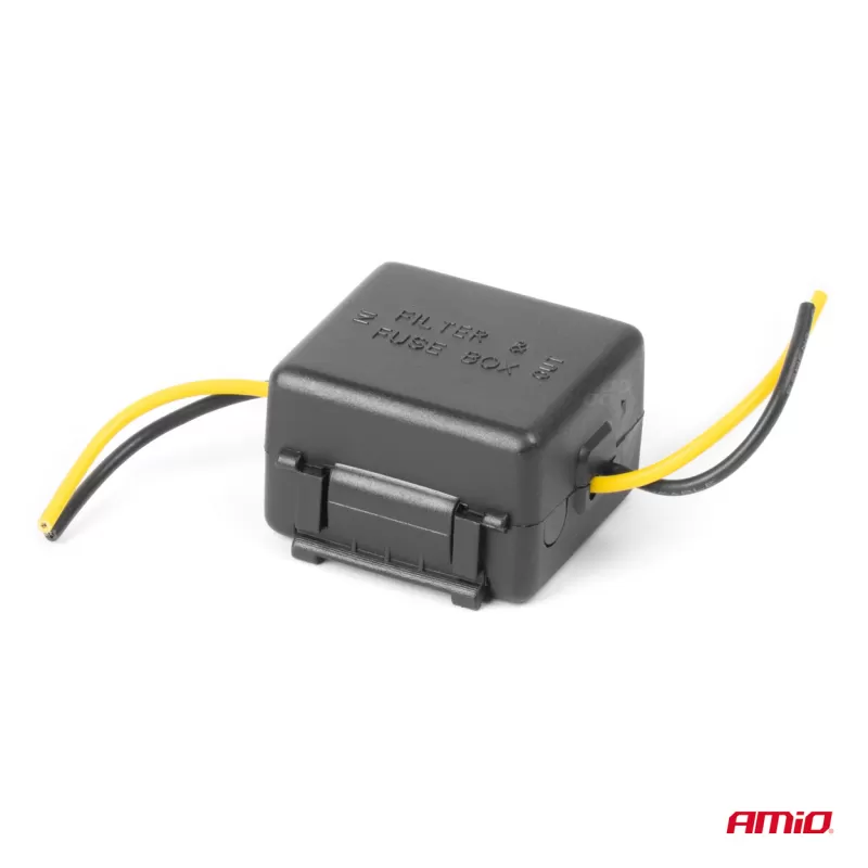 Automobilio maitinimo signalo filtras, trukdžių slopinimo, su stiklo saugikliu, 12V AMIO-04099