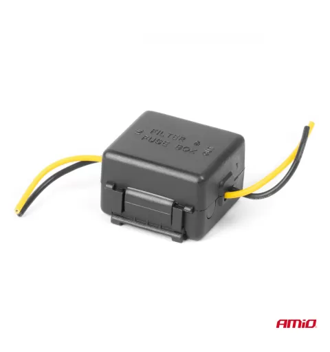 Automobilio maitinimo signalo filtras, trukdžių slopinimo, su stiklo saugikliu, 12V AMIO-04099