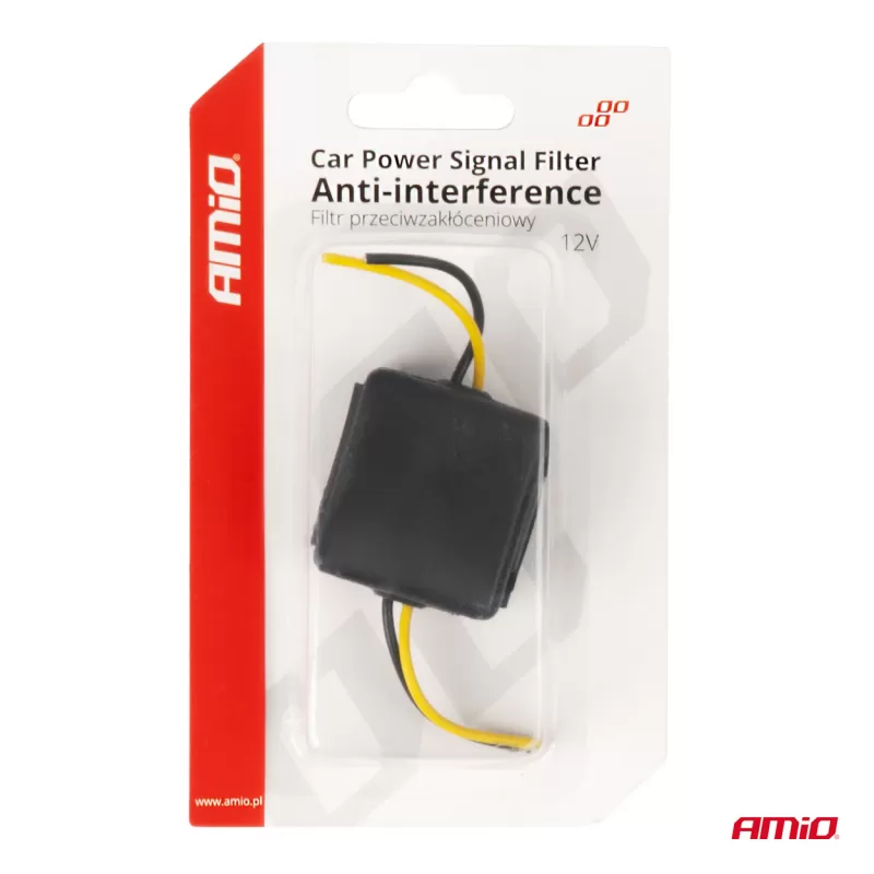 Automobilio maitinimo signalo filtras, trukdžių slopinimo, su stiklo saugikliu, 12V AMIO-04099