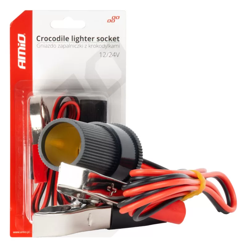 Žiebtuvėlio lizdo adapteris su krokodilo tipo išvadu 12V 24V 100cm AMIO-03804
