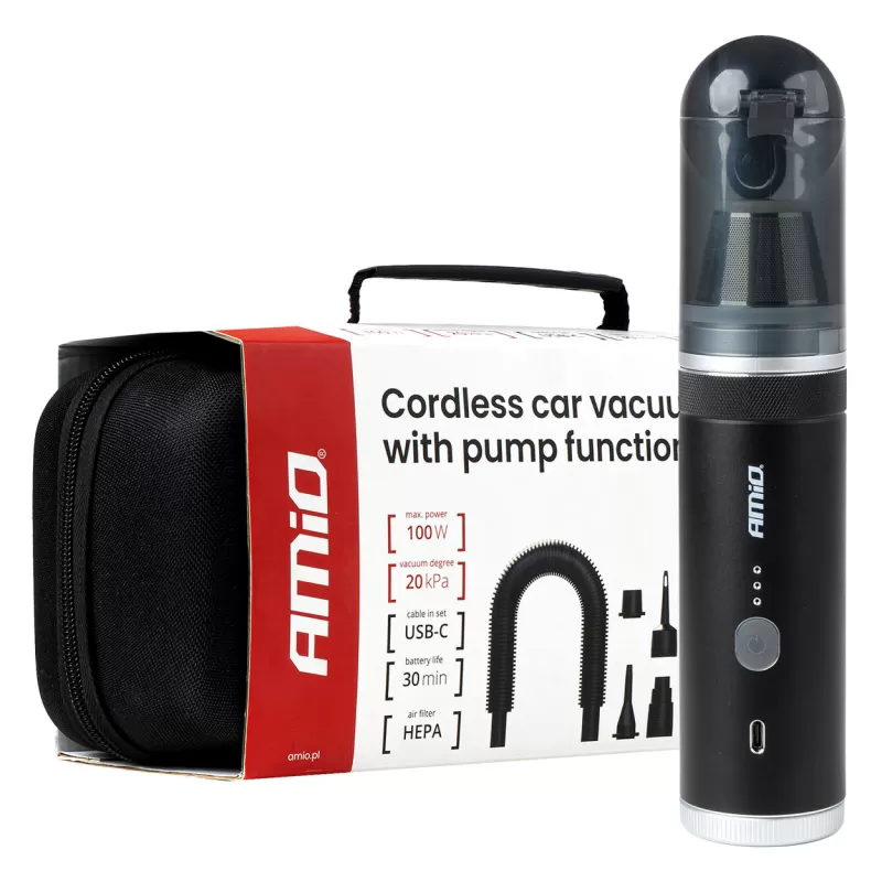 Belaidis automobilinis dulkių siurblys be šepetėlių variklio, su siurbimo funkcija, 100W 20kPa USB-C AMIO-04785