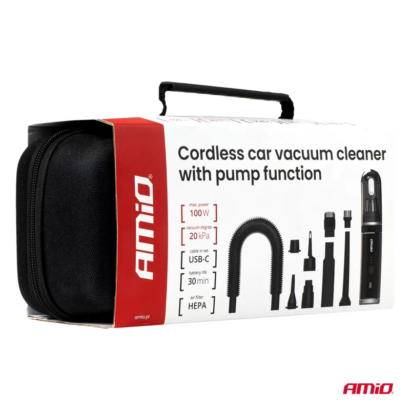 Belaidis automobilinis dulkių siurblys be šepetėlių variklio, su siurbimo funkcija, 100W 20kPa USB-C AMIO-04785