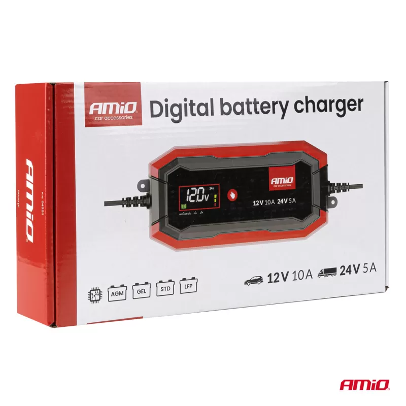 Skaitmeninis akumuliatoriaus įkroviklis AGM GEL STD LiFePo4 MAX 10A 12/24V PRO AMIO-04528