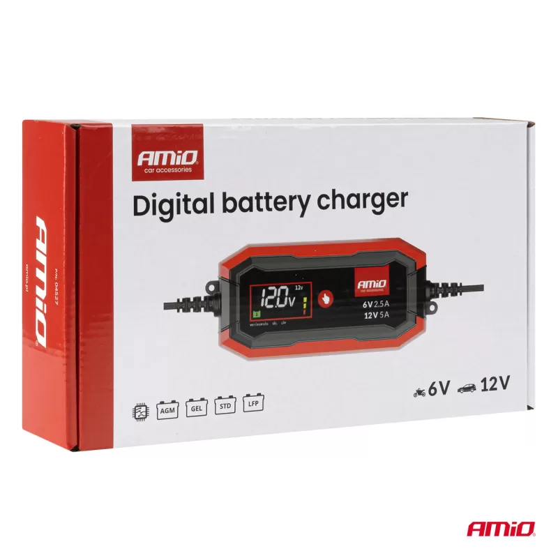 Skaitmeninis akumuliatoriaus įkroviklis AGM GEL STD LiFePo4 MAX 5A 6/12V PRO AMIO-04527