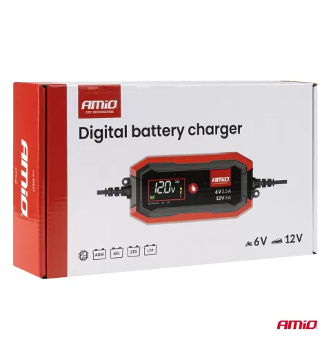 Skaitmeninis akumuliatoriaus įkroviklis AGM GEL STD LiFePo4 MAX 5A 6/12V PRO AMIO-04527