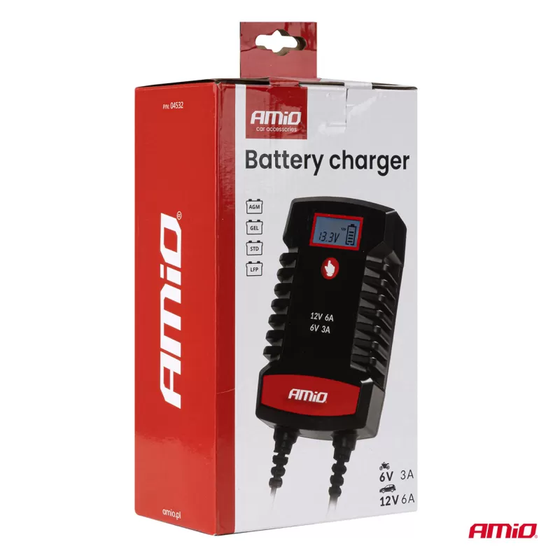 Skaitmeninis akumuliatoriaus įkroviklis AGM GEL STD LiFePo4 MAX 6A 6/12V PRO HOOK AMIO-04532