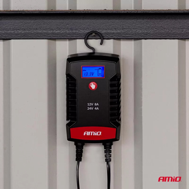 Skaitmeninis akumuliatoriaus įkroviklis AGM GEL STD LiFePo4 MAX 8A 12/24V PRO HOOK AMIO-04533