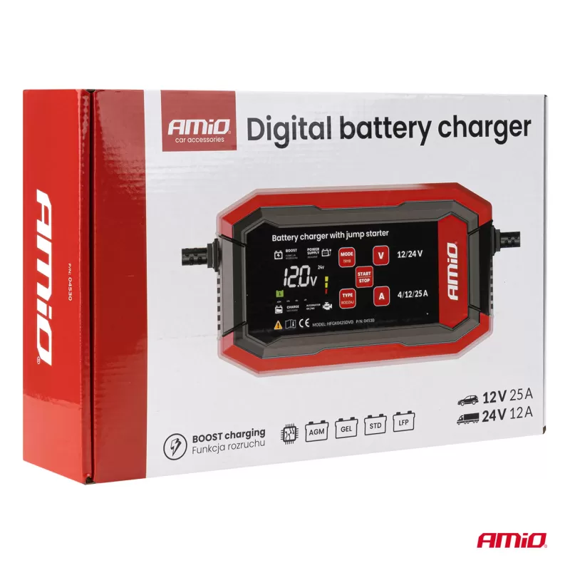 Skaitmeninis akumuliatoriaus įkroviklis BOOST AGM GEL STD LiFePo4 MAX 25A 12/24V PRO AMIO-04530