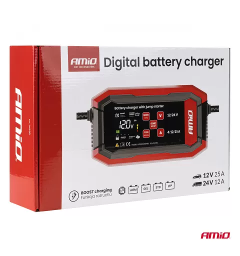 Skaitmeninis akumuliatoriaus įkroviklis BOOST AGM GEL STD LiFePo4 MAX 25A 12/24V PRO AMIO-04530