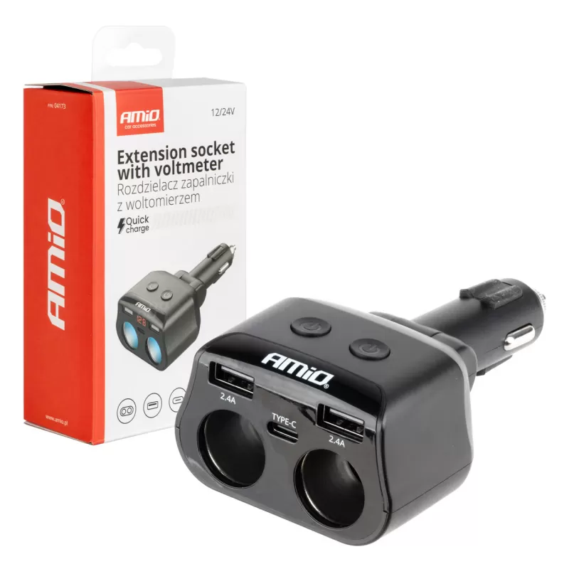 Dvigubas prailgintuvo lizdas 2xUSB 1xUSB C 12/24V maks. 200W AMIO-04173