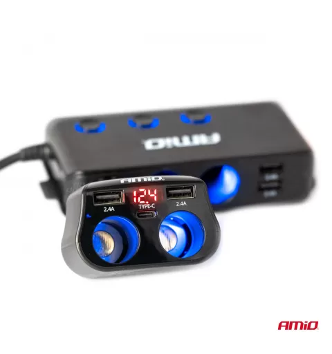 Dvigubas prailgintuvo lizdas 2xUSB 1xUSB C 12/24V maks. 200W AMIO-04173
