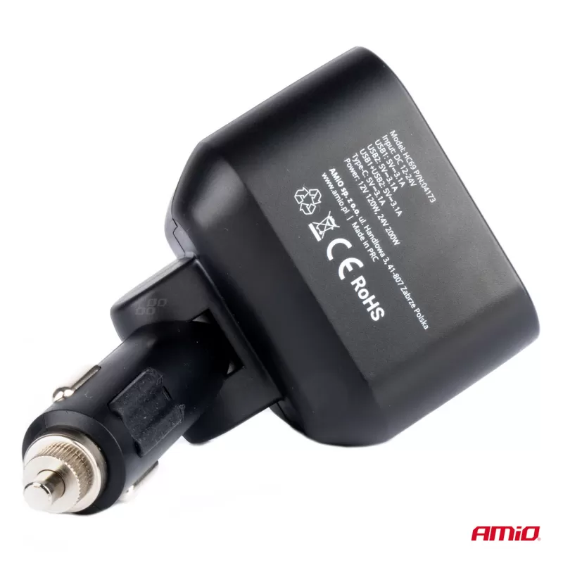 Dvigubas prailgintuvo lizdas 2xUSB 1xUSB C 12/24V maks. 200W AMIO-04173