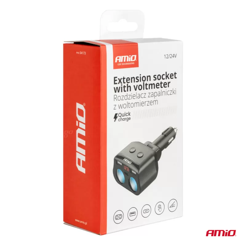 Dvigubas prailgintuvo lizdas 2xUSB 1xUSB C 12/24V maks. 200W AMIO-04173