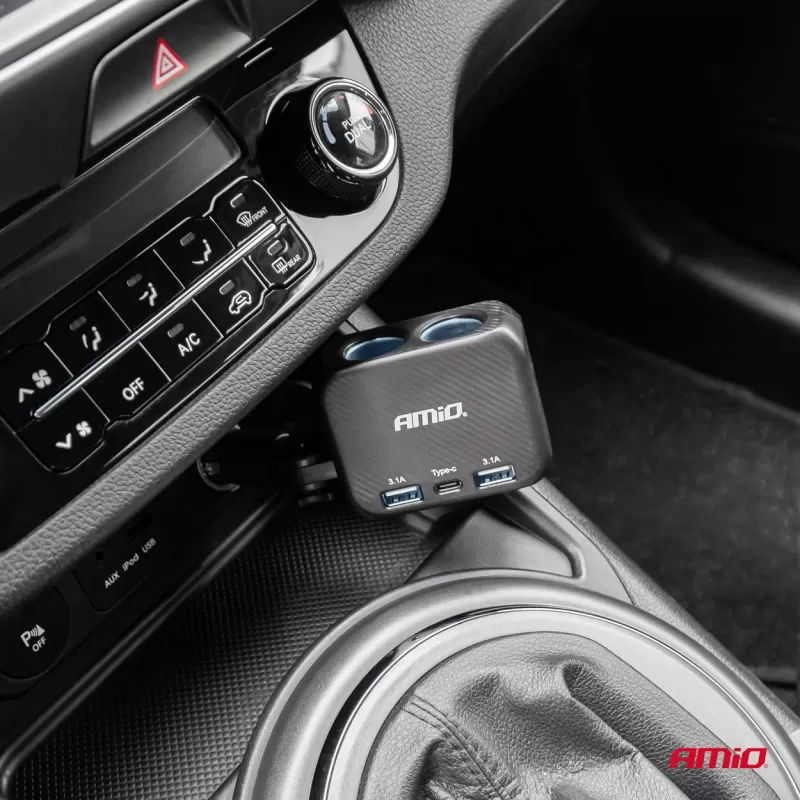 Dvigubas prailgintuvo lizdo įkroviklis 2x USB A 1x USB C 12/24V 100W 180° AMIO-04357