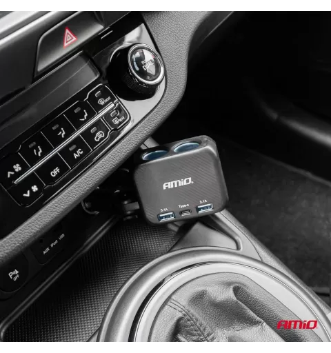 Dvigubas prailgintuvo lizdo įkroviklis 2x USB A 1x USB C 12/24V 100W 180° AMIO-04357