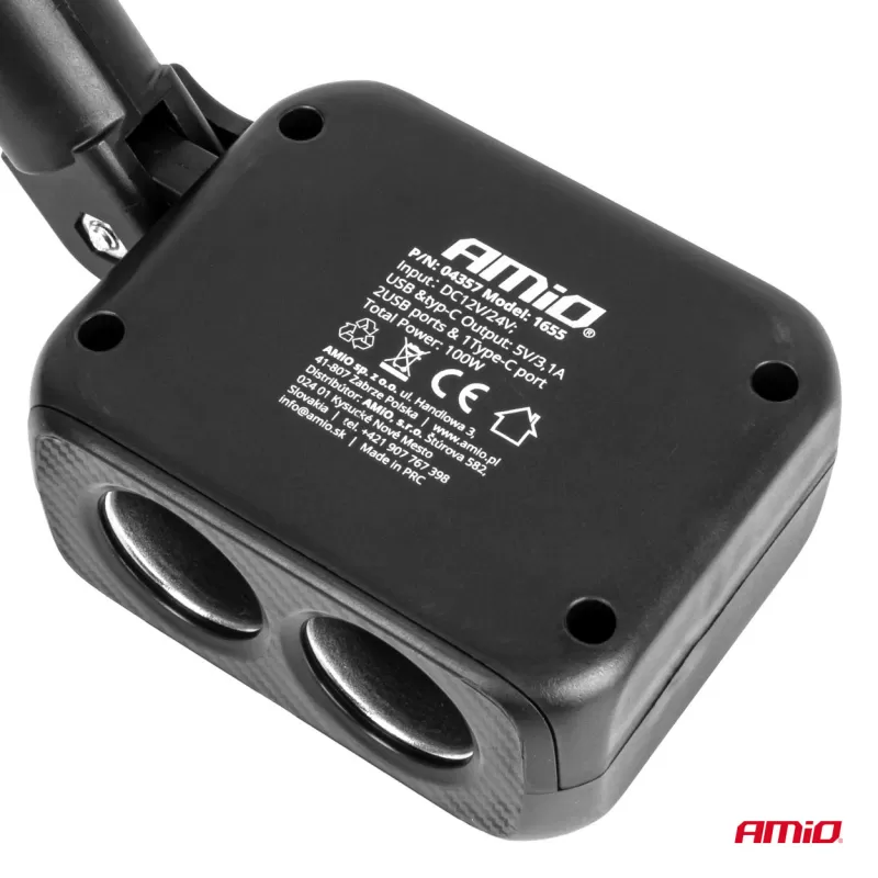 Dvigubas prailgintuvo lizdo įkroviklis 2x USB A 1x USB C 12/24V 100W 180° AMIO-04357