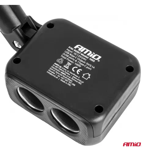 Dvigubas prailgintuvo lizdo įkroviklis 2x USB A 1x USB C 12/24V 100W 180° AMIO-04357