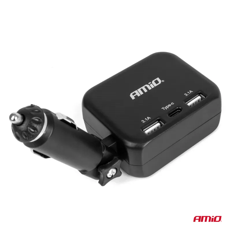 Dvigubas prailgintuvo lizdo įkroviklis 2x USB A 1x USB C 12/24V 100W 180° AMIO-04357