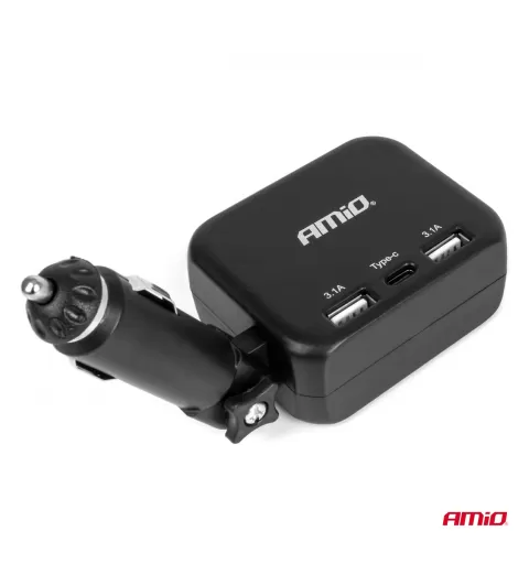 Dvigubas prailgintuvo lizdo įkroviklis 2x USB A 1x USB C 12/24V 100W 180° AMIO-04357