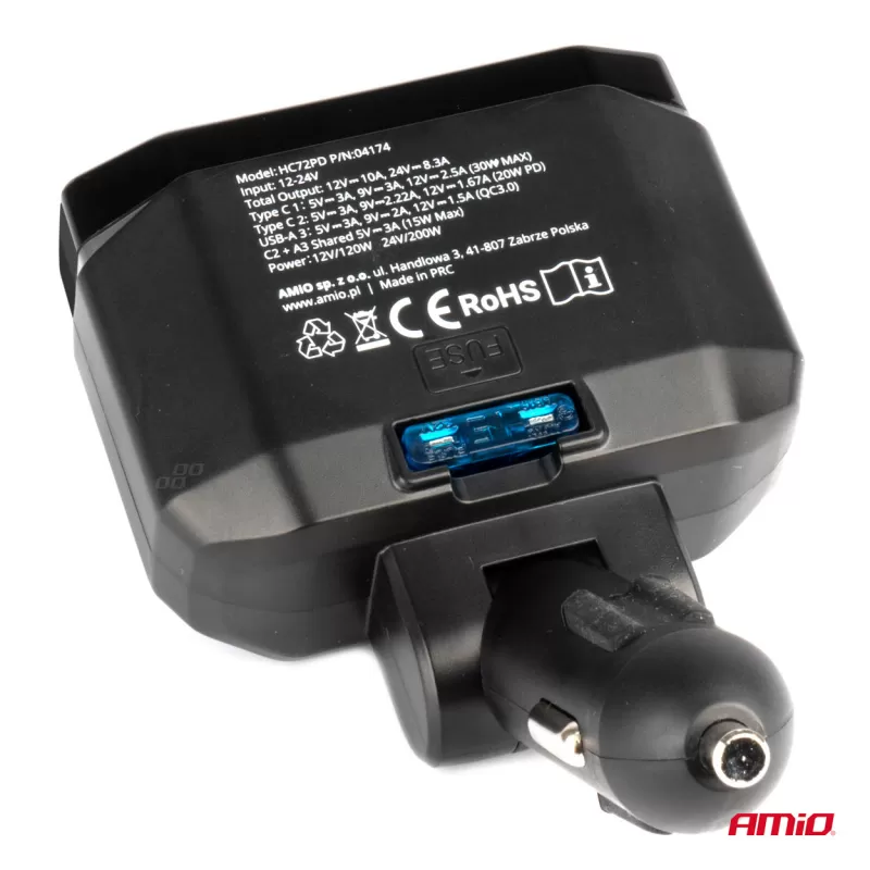 Dvigubas prailgintuvo lizdas PD30W PD20W QC3.0 12/24V maks. 200W AMIO-04174