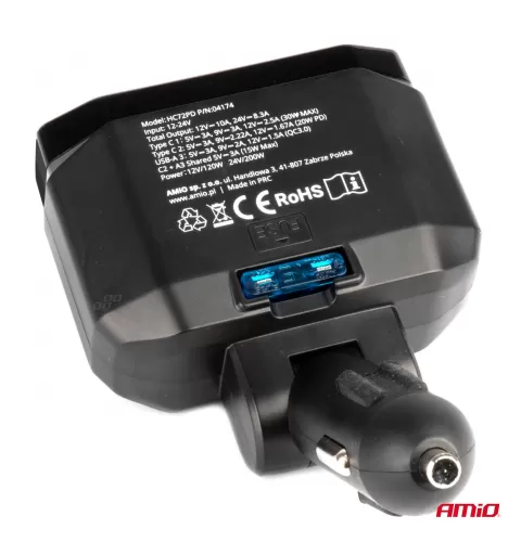 Dvigubas prailgintuvo lizdas PD30W PD20W QC3.0 12/24V maks. 200W AMIO-04174