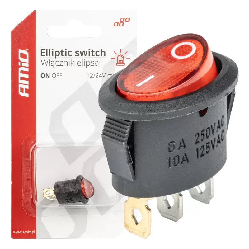 Elipsės formos jungiklis 12V/230V (su raudona lempute) BU02