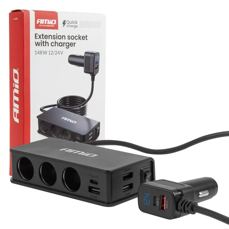 Prailgintuvo lizdas su įkrovikliu 3xUSB-A USB-C QC 3.0 PD 3.0, 148W AMIO-04836