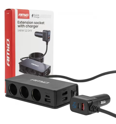 Prailgintuvo lizdas su įkrovikliu 3xUSB-A USB-C QC 3.0 PD 3.0, 148W AMIO-04836