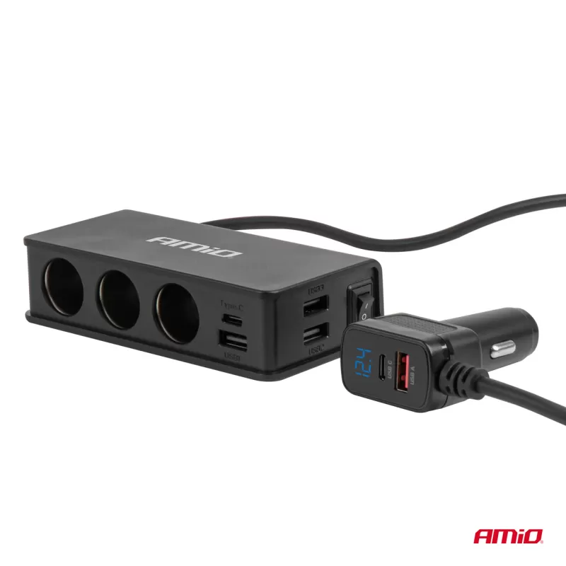 Prailgintuvo lizdas su įkrovikliu 3xUSB-A USB-C QC 3.0 PD 3.0, 148W AMIO-04836