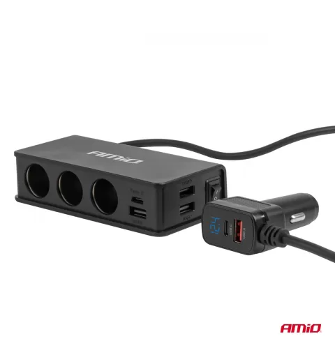 Prailgintuvo lizdas su įkrovikliu 3xUSB-A USB-C QC 3.0 PD 3.0, 148W AMIO-04836