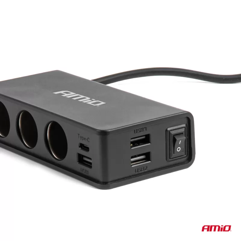 Prailgintuvo lizdas su įkrovikliu 3xUSB-A USB-C QC 3.0 PD 3.0, 148W AMIO-04836