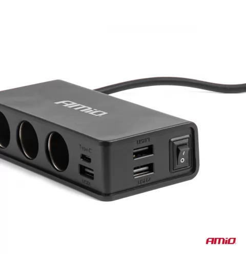 Prailgintuvo lizdas su įkrovikliu 3xUSB-A USB-C QC 3.0 PD 3.0, 148W AMIO-04836