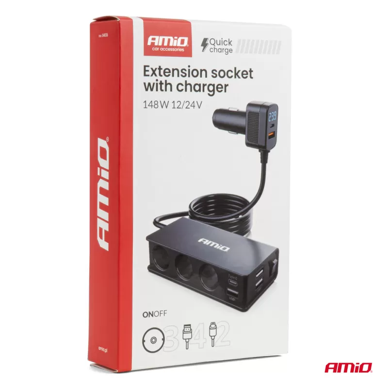 Prailgintuvo lizdas su įkrovikliu 3xUSB-A USB-C QC 3.0 PD 3.0, 148W AMIO-04836