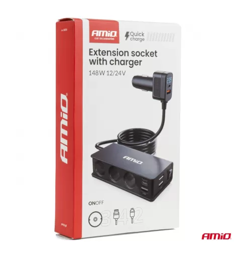 Prailgintuvo lizdas su įkrovikliu 3xUSB-A USB-C QC 3.0 PD 3.0, 148W AMIO-04836