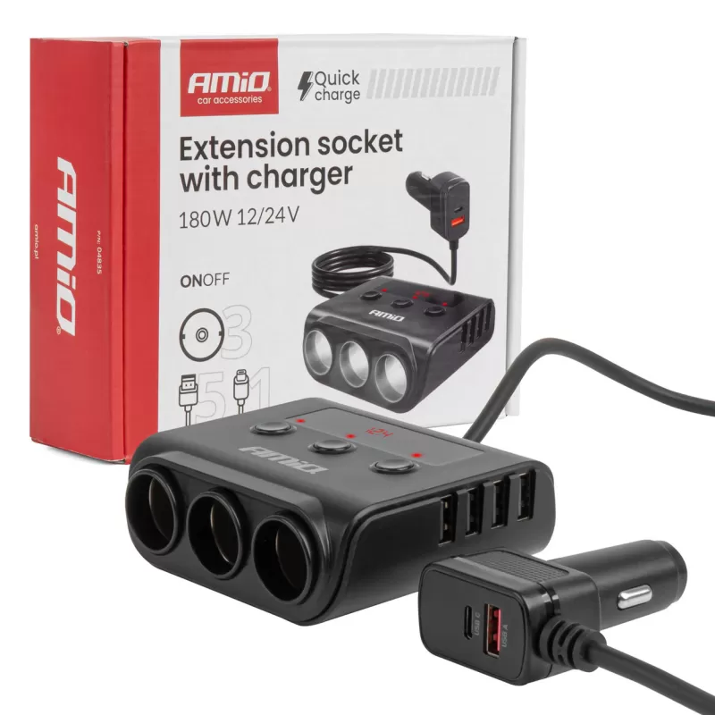 Prailgintuvo lizdas su įkrovikliu 4xUSB-A QC3.0 PD 3.0, 180 W AMIO-04835