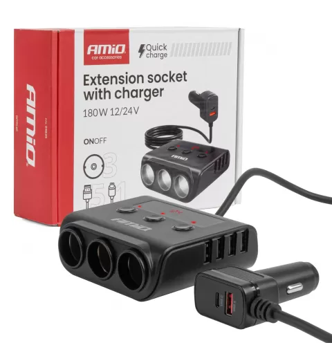 Prailgintuvo lizdas su įkrovikliu 4xUSB-A QC3.0 PD 3.0, 180 W AMIO-04835
