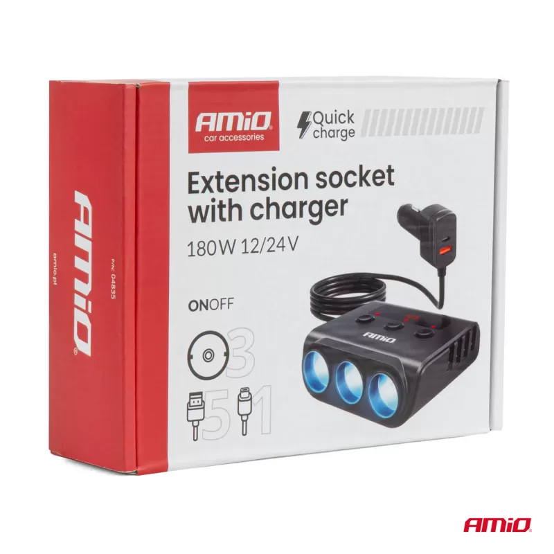 Prailgintuvo lizdas su įkrovikliu 4xUSB-A QC3.0 PD 3.0, 180 W AMIO-04835