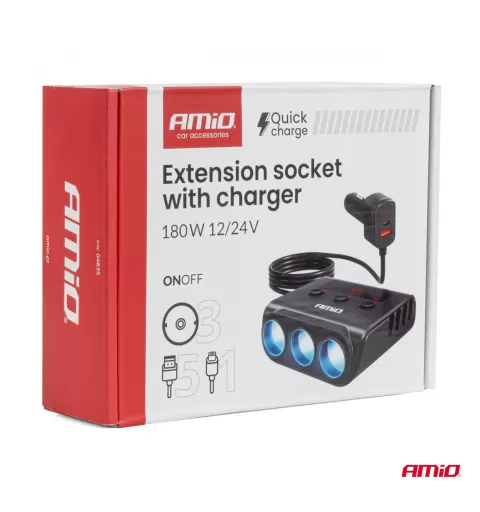 Prailgintuvo lizdas su įkrovikliu 4xUSB-A QC3.0 PD 3.0, 180 W AMIO-04835