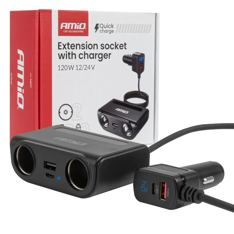Prailgintuvo lizdas su įkrovikliu USB-C USB-A QC3.0 PD3.0, 120W AMIO-04837